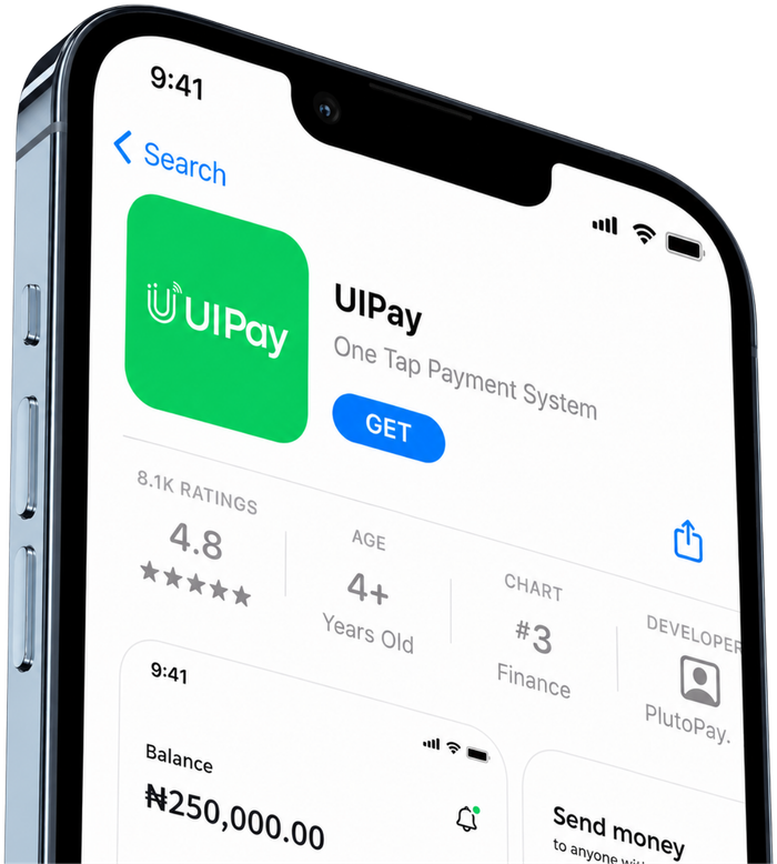 UIPay app store listing showing a 4.8 rating and the app's one tap payment system